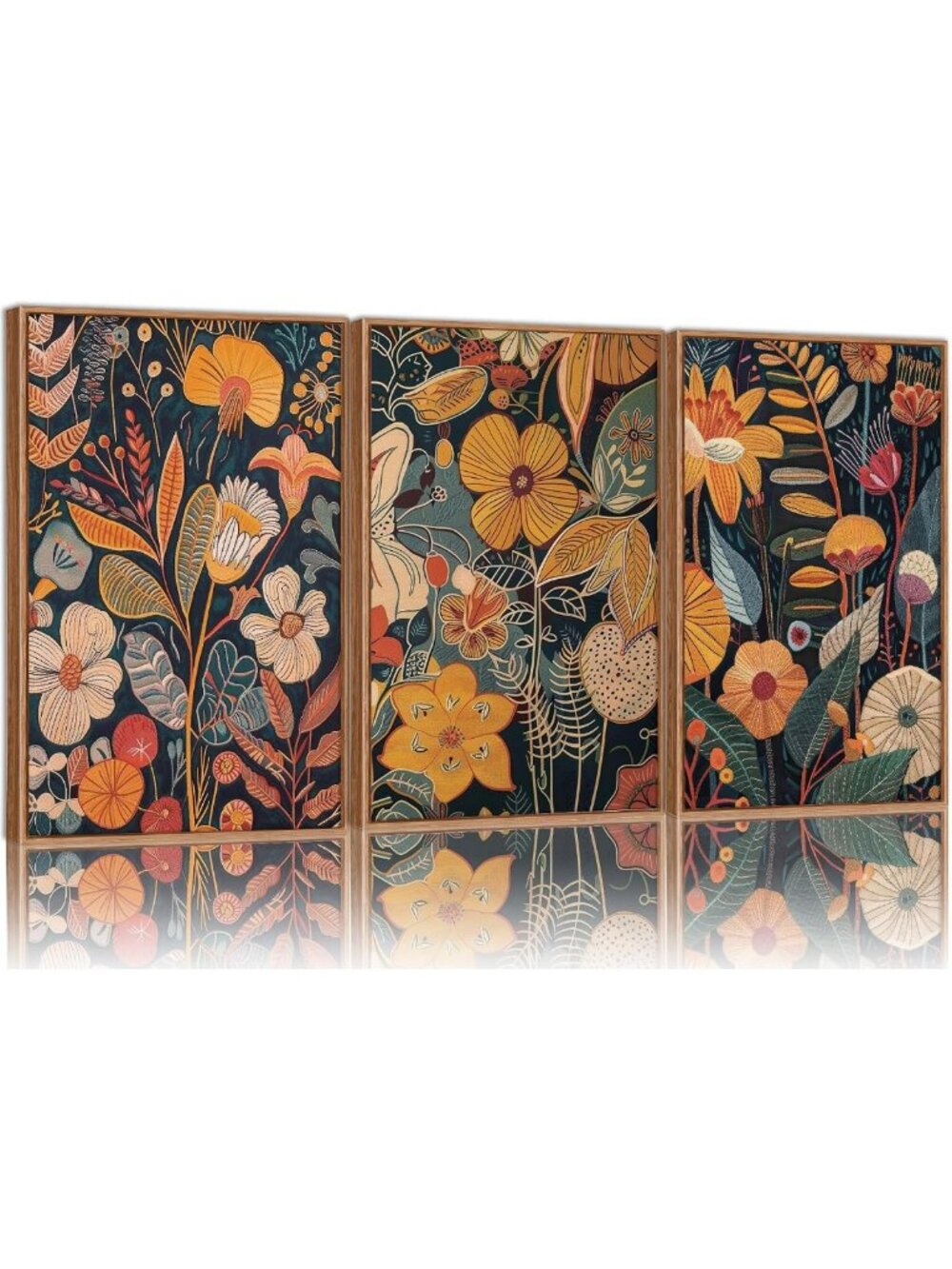 Set of 3 Orange Floral Canvas Wall Art - Mid Century Modern Boho Decor, 16x24